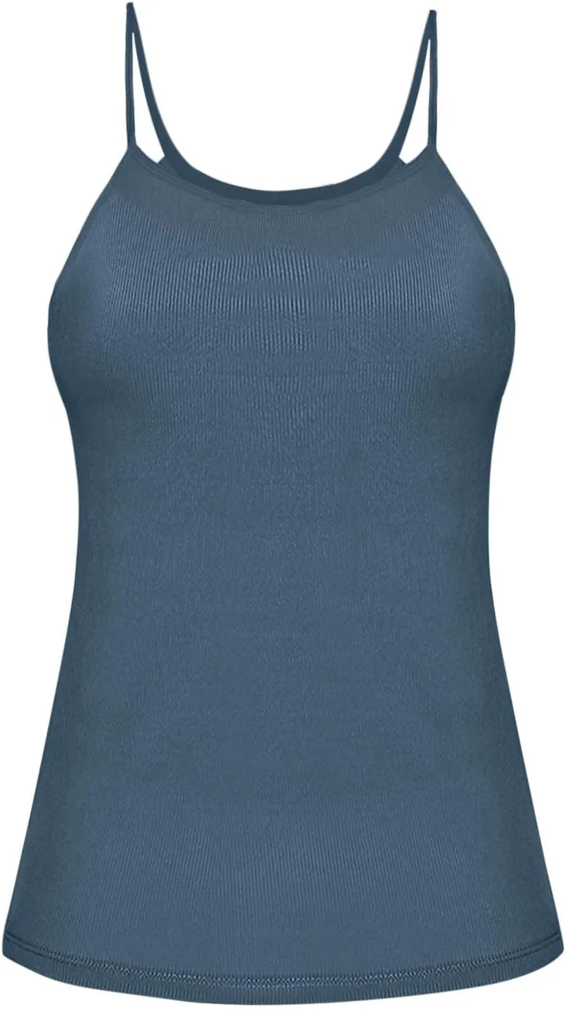 Built in Bra Tank Tops for Women Summer Casual Ribbed Knit Camisole Spaghetti Straps Sleeveless Padded Workout Tops