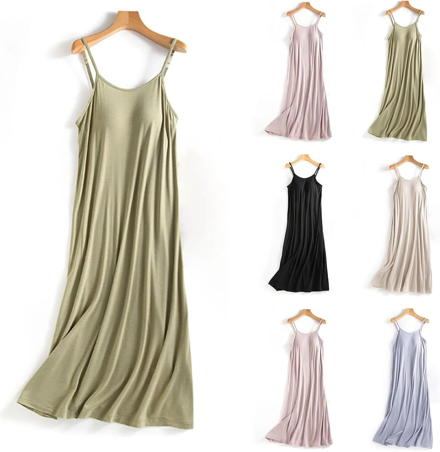Bulit-in-Bra Cami Nightgowns for Women Summer Adjustable Spaghetti Strap Lounge Dress Loose Sleeveless Soft Modal Sleepwear