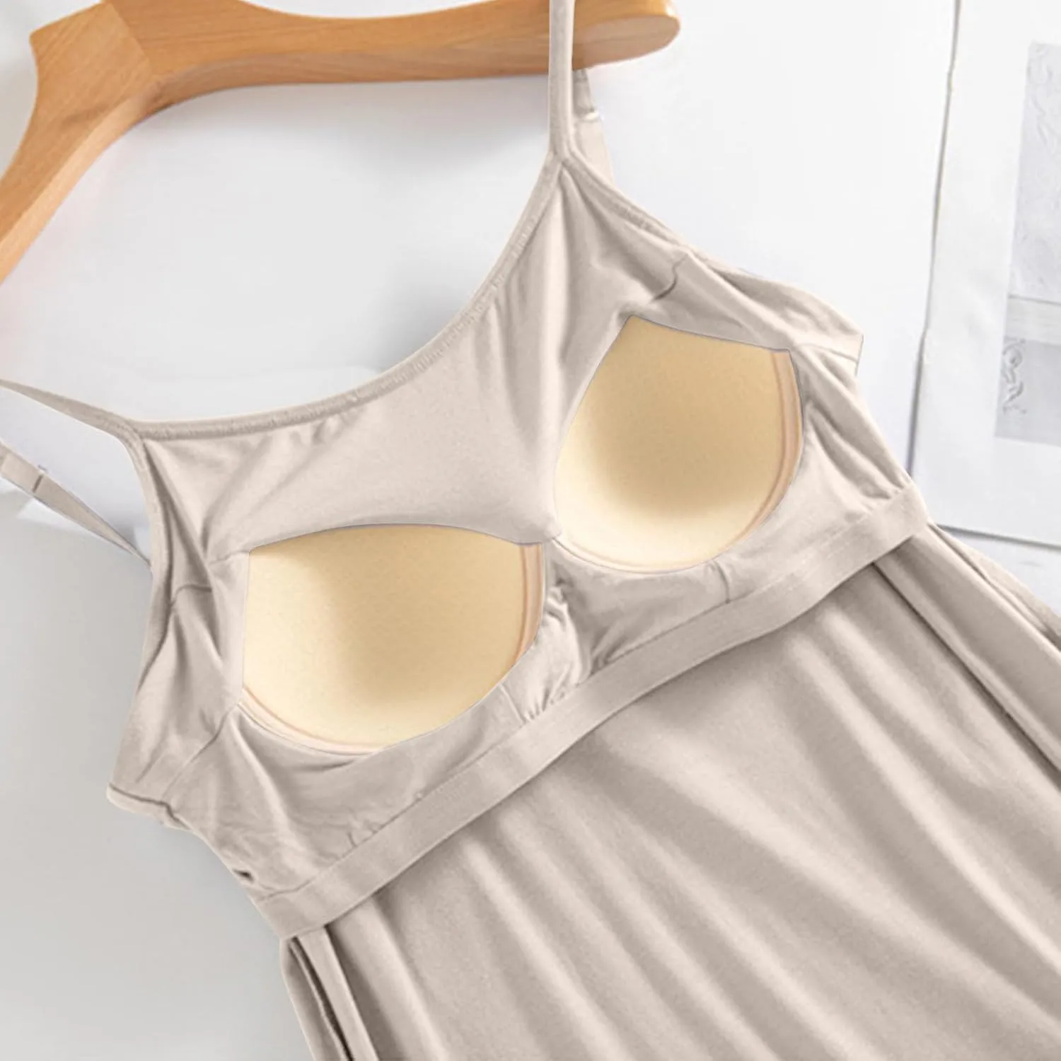Bulit-in-Bra Cami Nightgowns for Women Summer Adjustable Spaghetti Strap Lounge Dress Loose Sleeveless Soft Modal Sleepwear