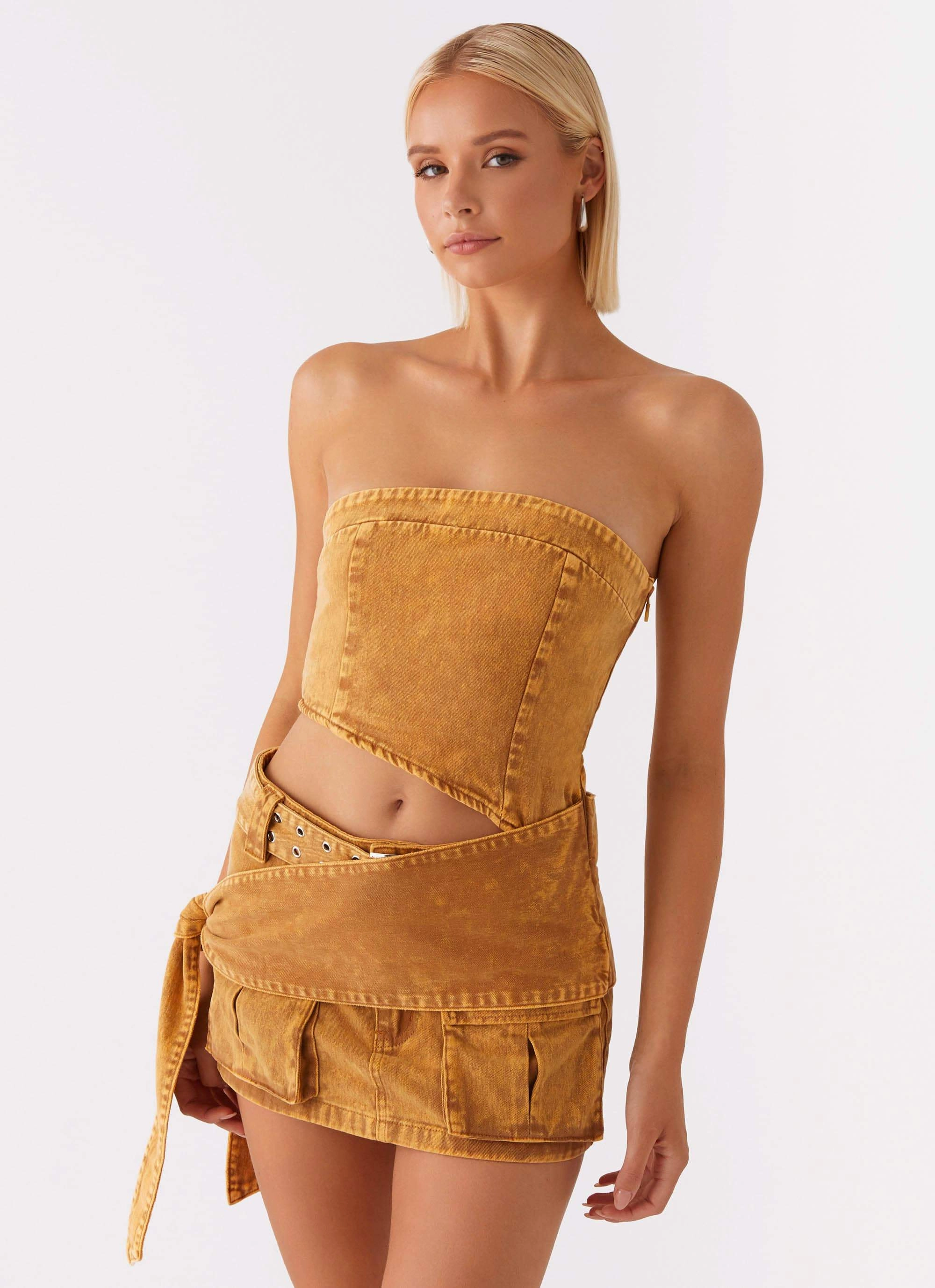 Burning Bridges Tube Top - Brown Adaptive Waistband Layered Shoulder