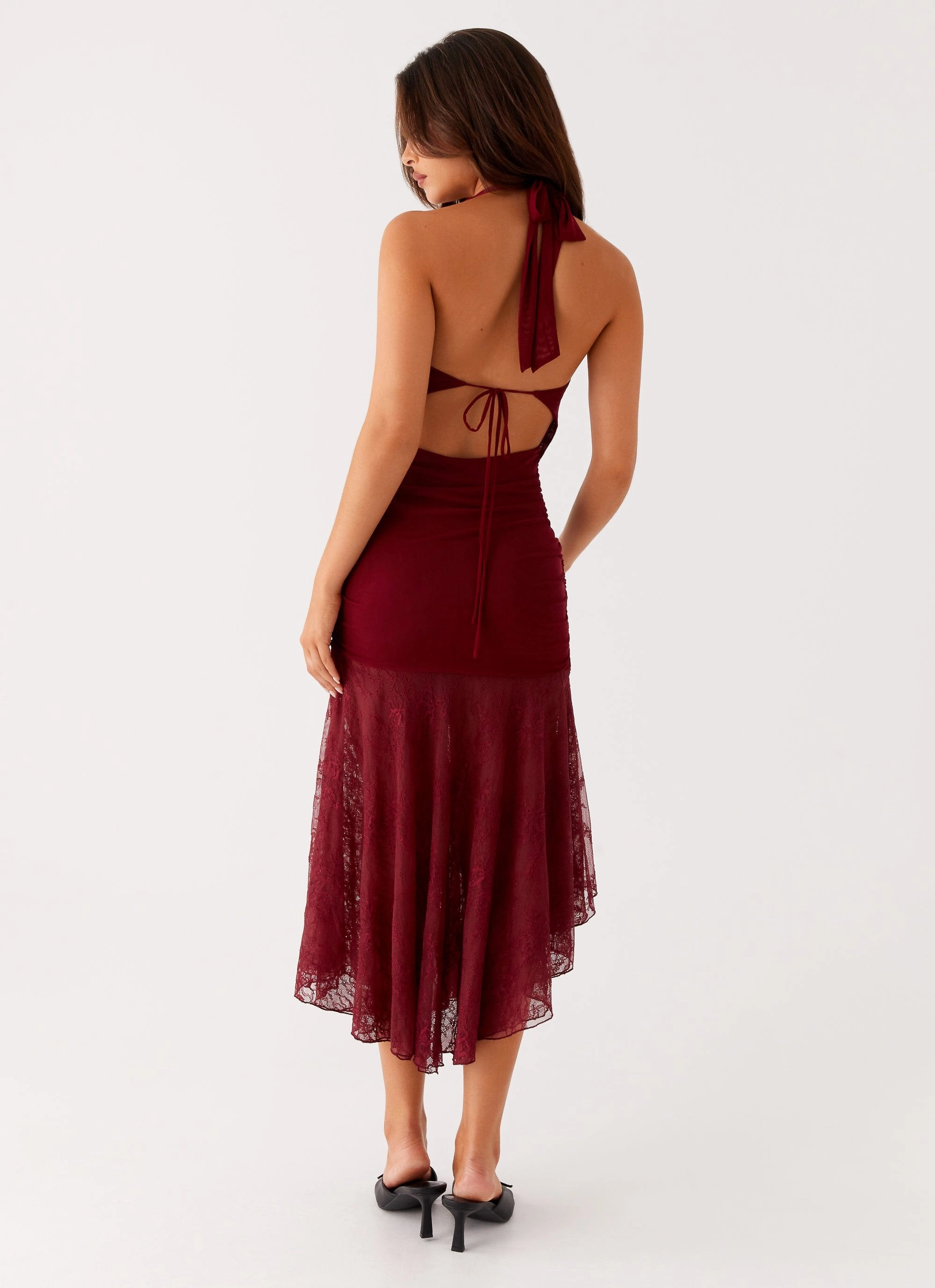 Burnout Midi Dress - Maroon Party Floral Flutter-Sleeve