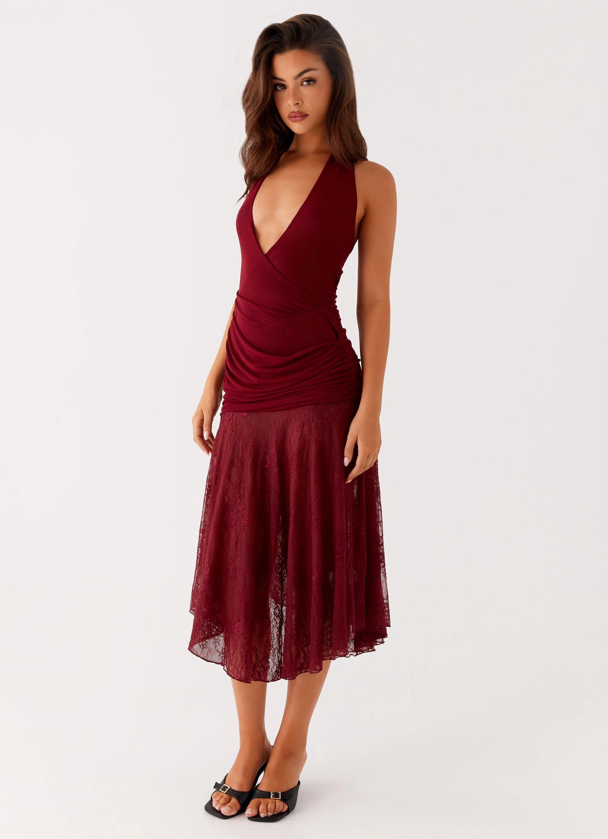 Burnout Midi Dress - Maroon Beaded-Edge