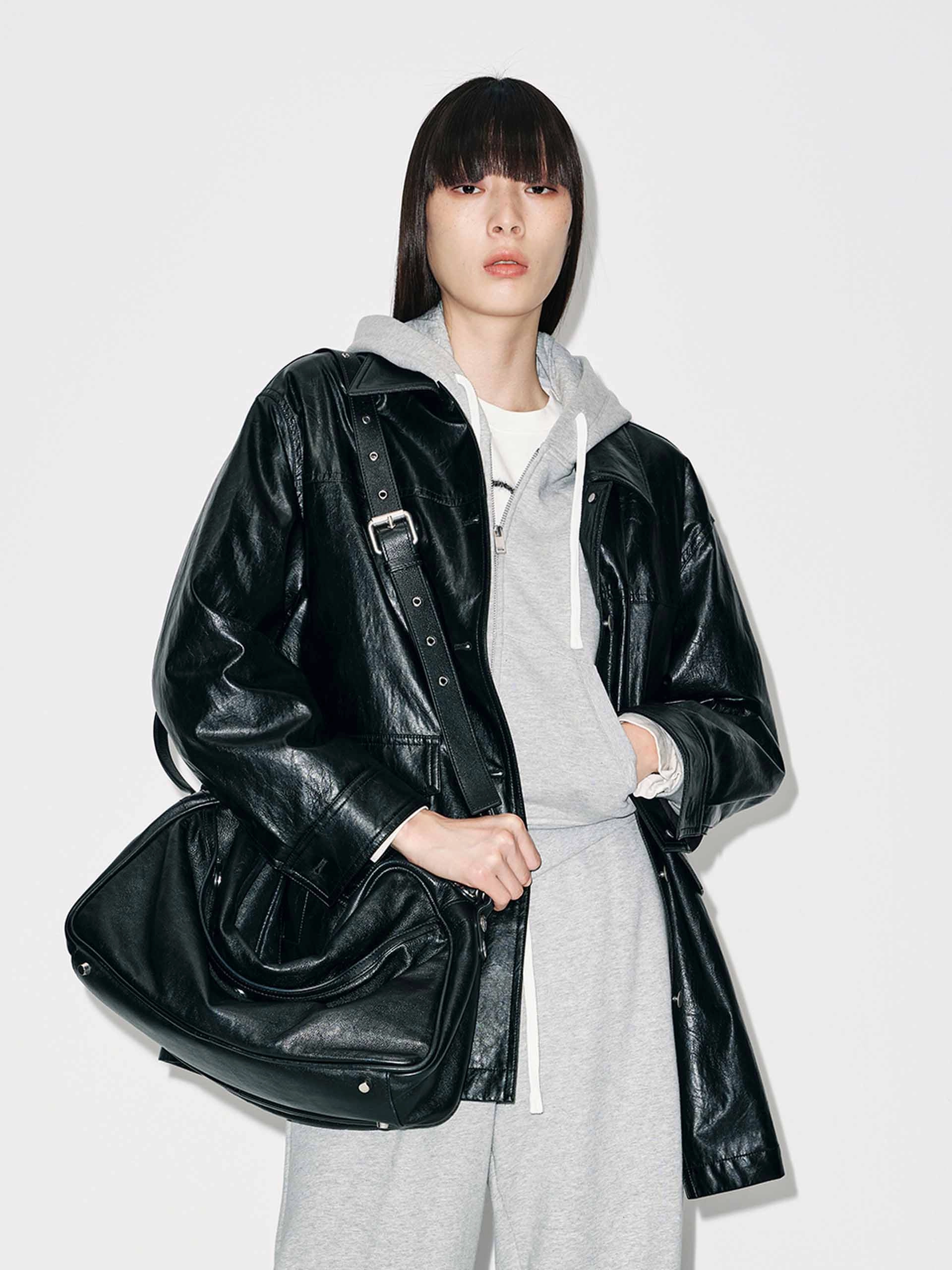 Button Leather Down Jacket