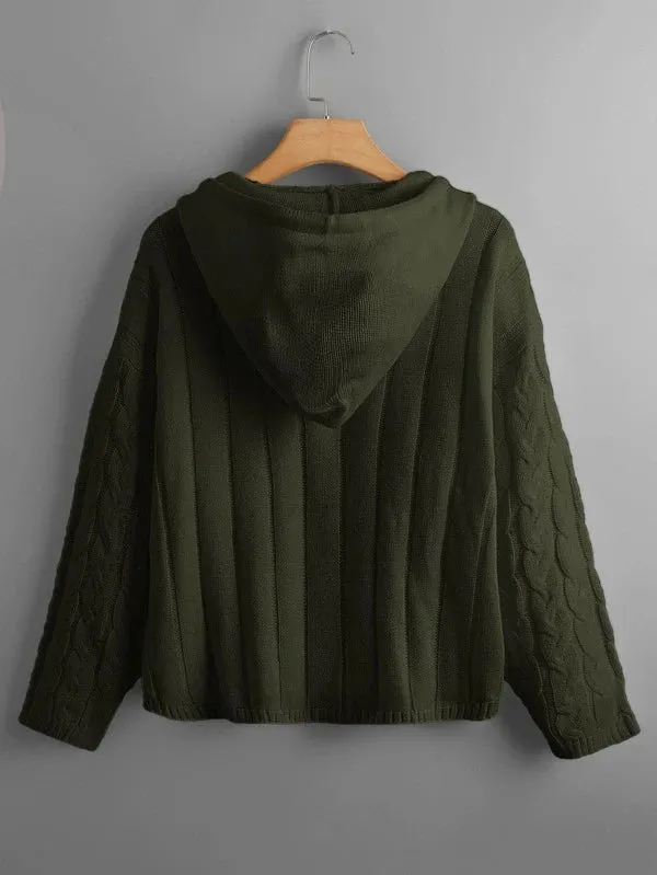 Cable Knit Drawstring Hooded Sweater