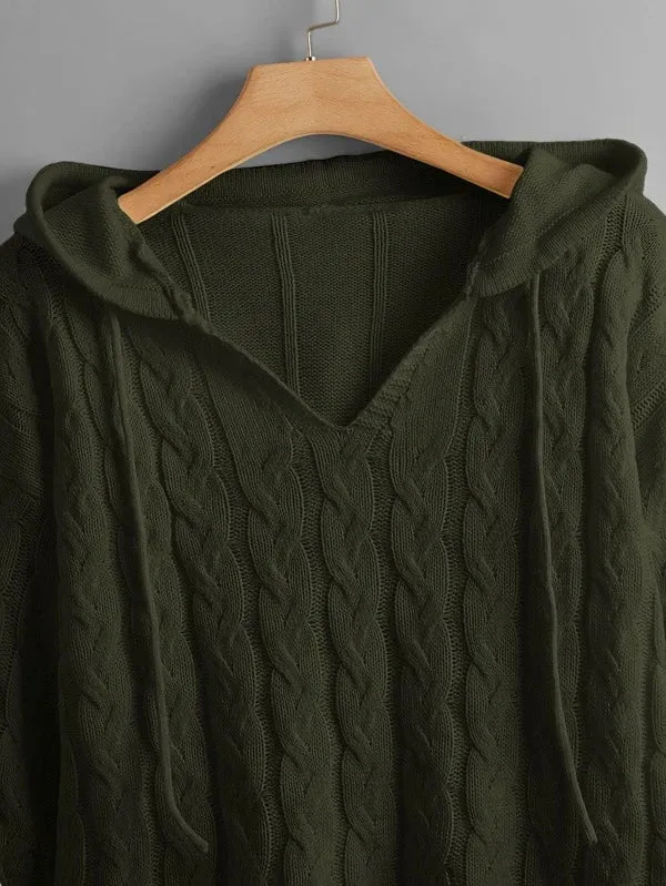 Cable Knit Drawstring Hooded Sweater