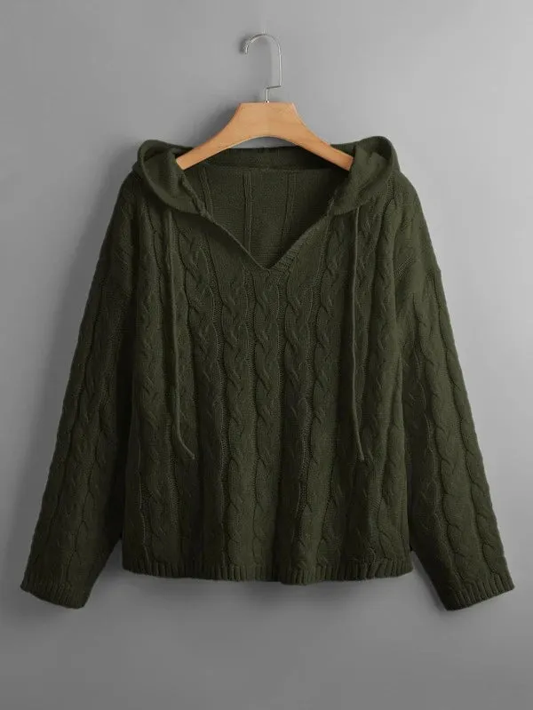Cable Knit Drawstring Hooded Sweater
