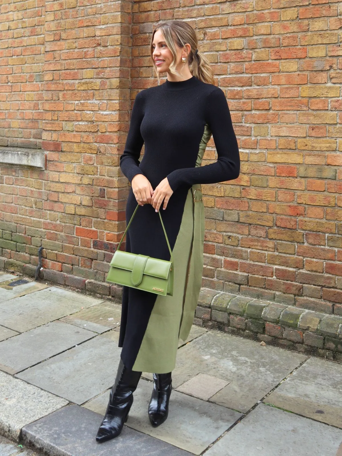 Timeless Waist Fit Caitlin Colourblock FIt & Flare Knitted Dress in Khaki and Black