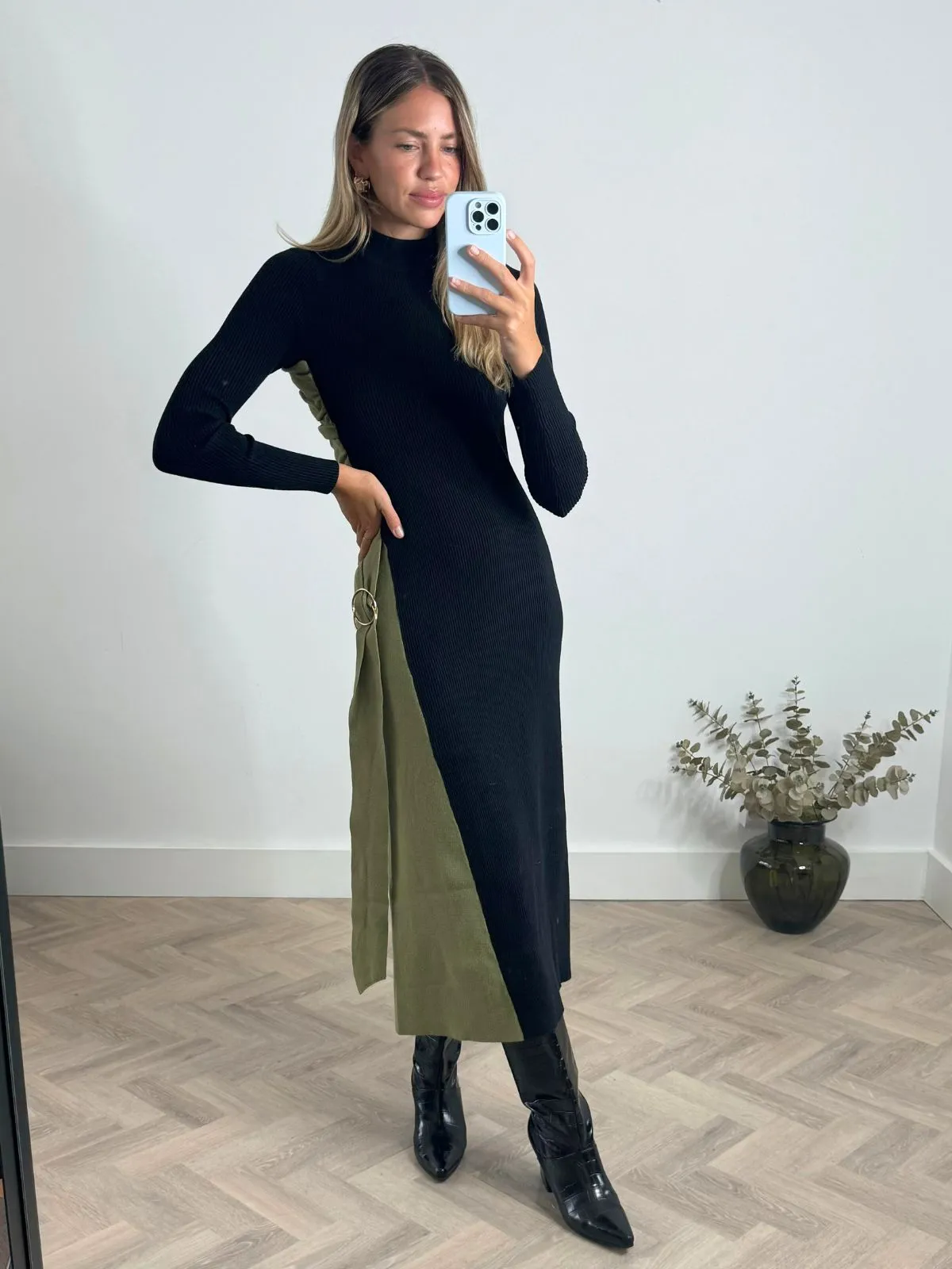 Romantic dinner wear Caitlin Colourblock FIt & Flare Knitted Dress in Khaki and Black