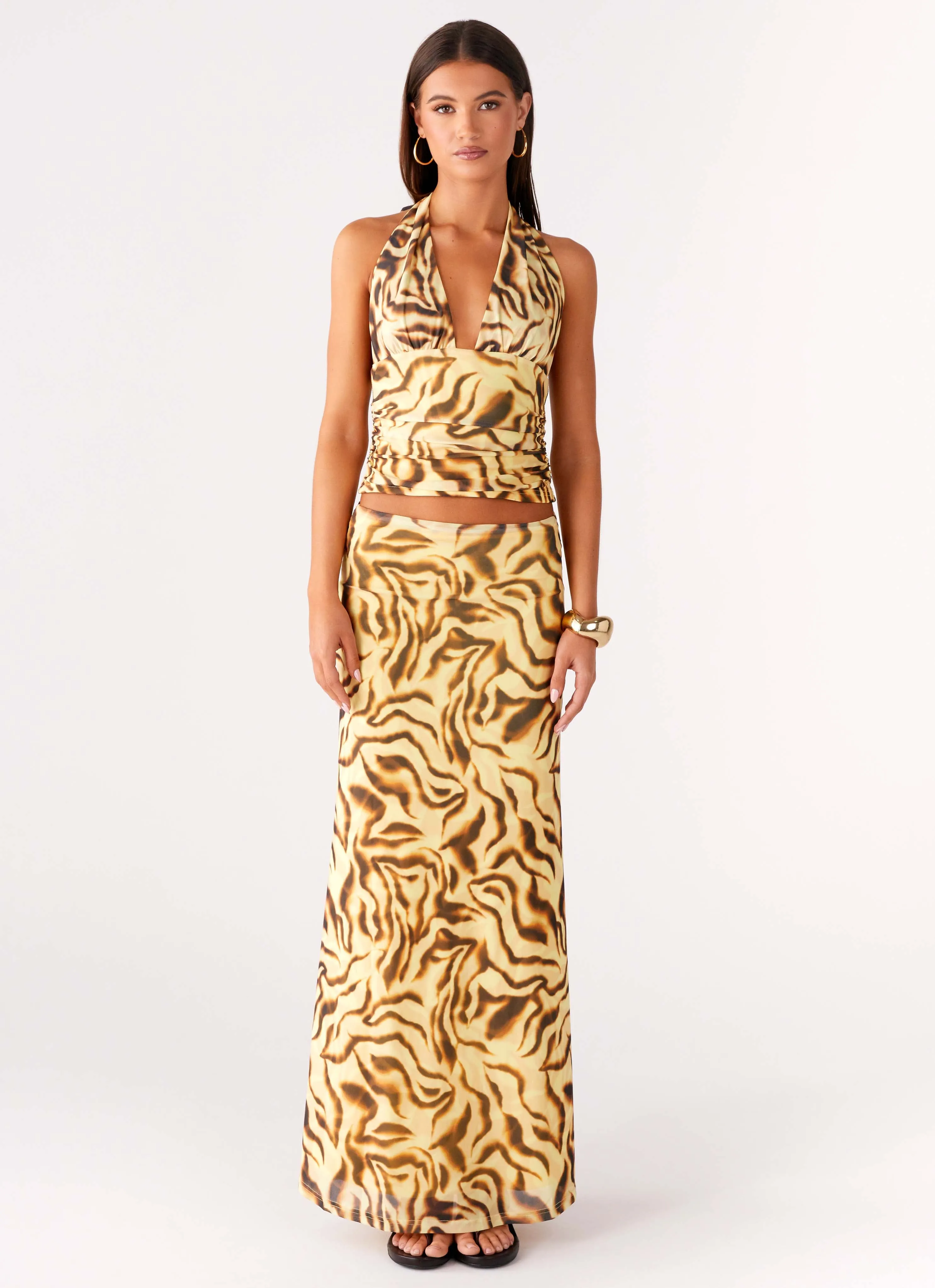 Call Me Low Rise Maxi Skirt - Yellow Zebra Breezy Flow Wearable Art