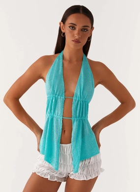 Callie Ruched Halterneck Top - Turquoise Tagless Neckline Easycare