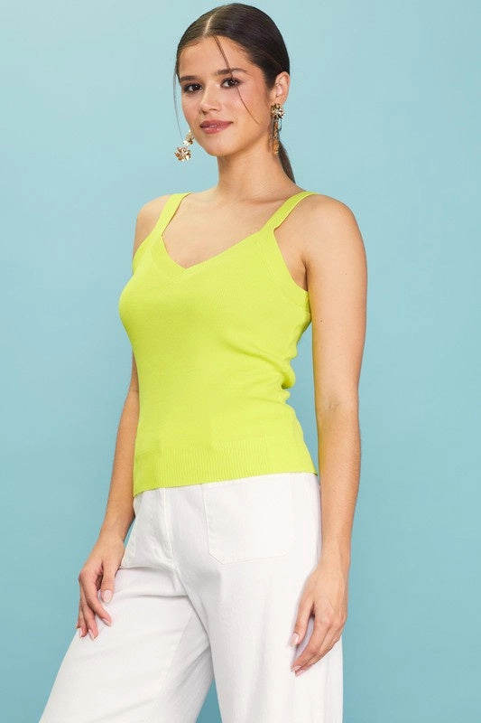 Cam V-Neck Tank - Lime Yellow Lightweight Fabric SubtleTexture