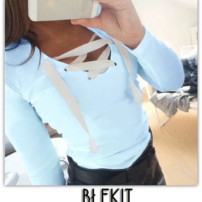 Candy Color Straps Lace-up V-neck Sweater