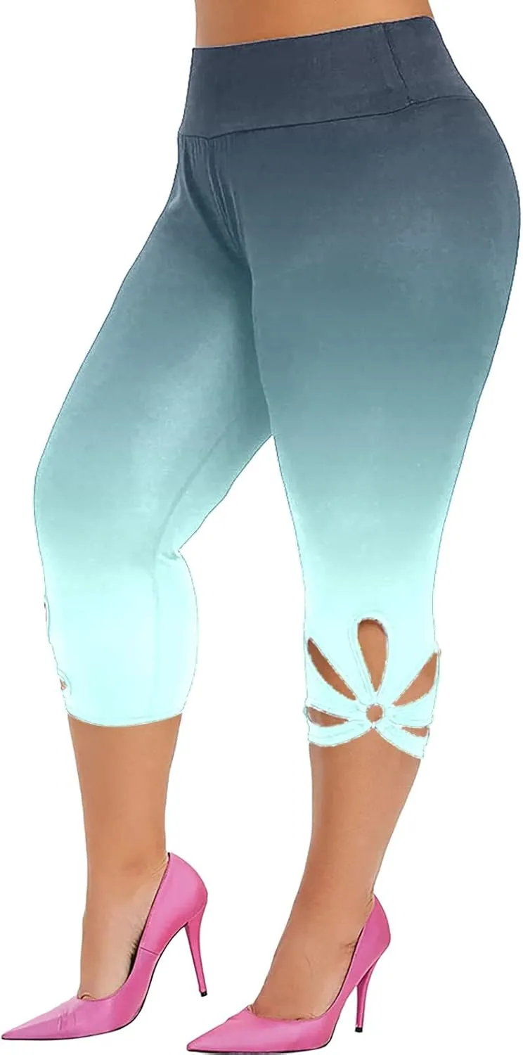 Capri Leggings for Women Plus Size Elastic High Waisted Tummy Control Cropped Yoga Pants Casual Cute Soft Comfy Capris Tights