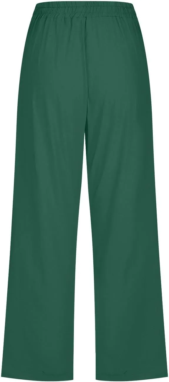 Capri Pants for Women Casual 2025 Summer Linen Pant Drawstring Elastic Waist Pant Straight Wide Leg Cropped Trousers