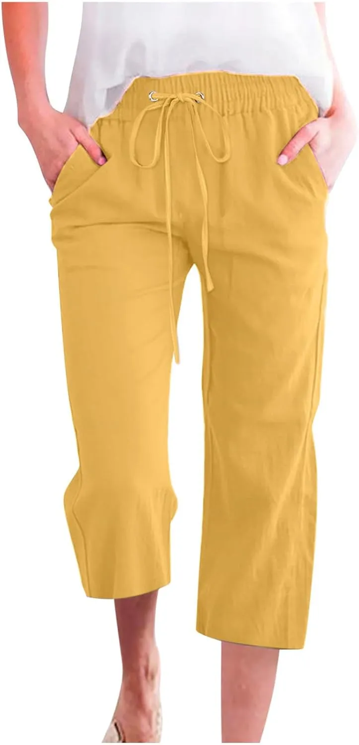 Capri Pants for Women Casual 2025 Summer Linen Pant Drawstring Elastic Waist Pant Straight Wide Leg Cropped Trousers