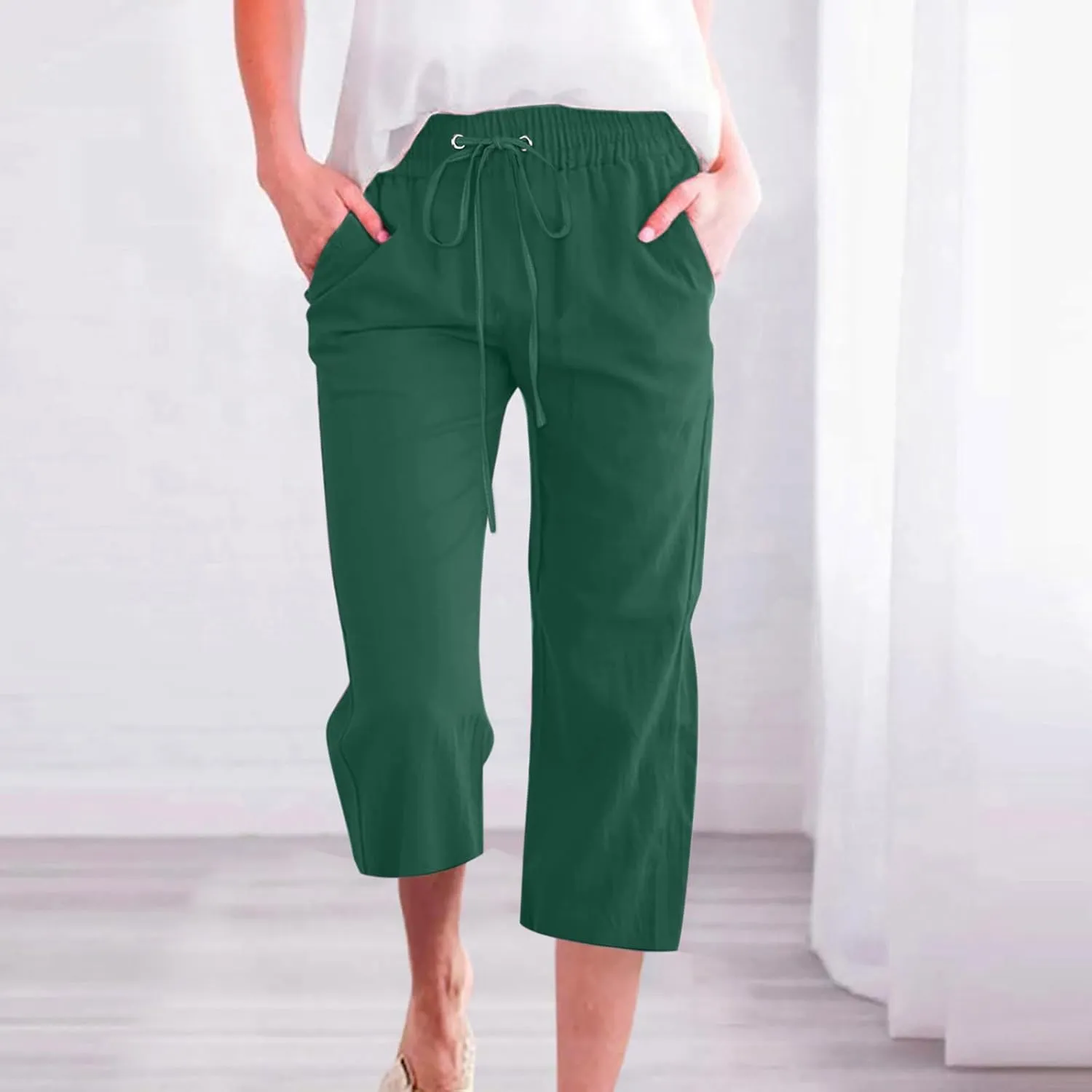 Capri Pants for Women Casual 2025 Summer Linen Pant Drawstring Elastic Waist Pant Straight Wide Leg Cropped Trousers