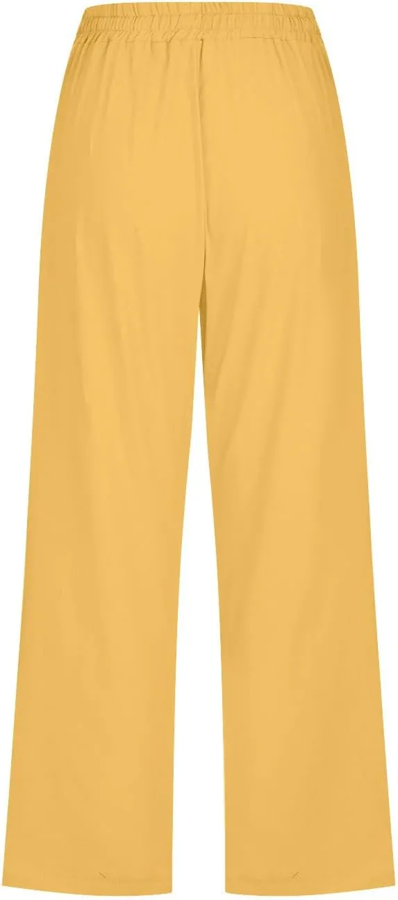 Capri Pants for Women Casual 2025 Summer Linen Pant Drawstring Elastic Waist Pant Straight Wide Leg Cropped Trousers