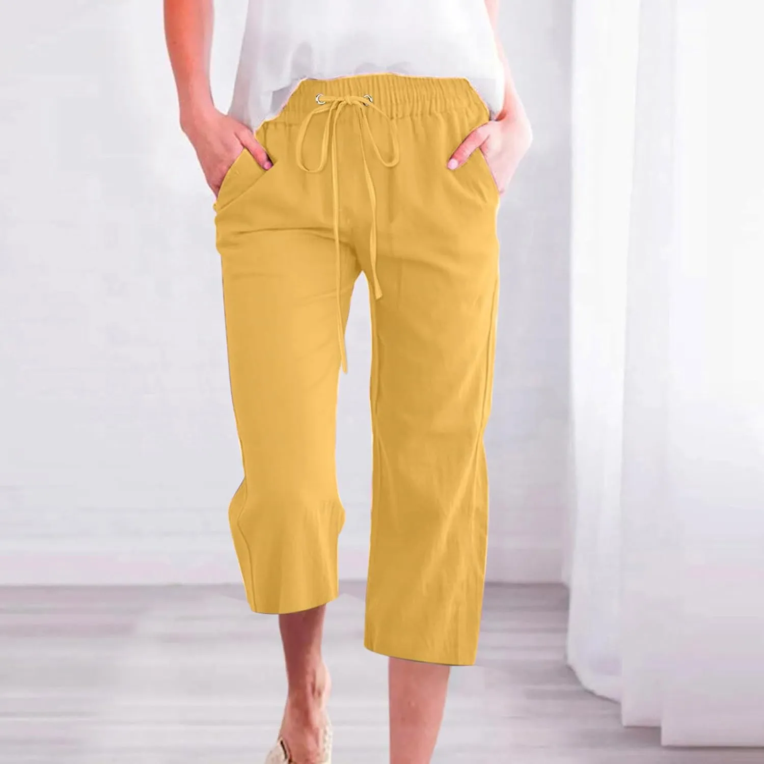 Capri Pants for Women Casual 2025 Summer Linen Pant Drawstring Elastic Waist Pant Straight Wide Leg Cropped Trousers