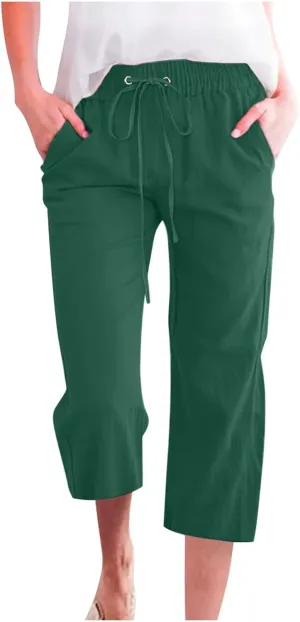 Capri Pants for Women Casual 2025 Summer Linen Pant Drawstring Elastic Waist Pant Straight Wide Leg Cropped Trousers