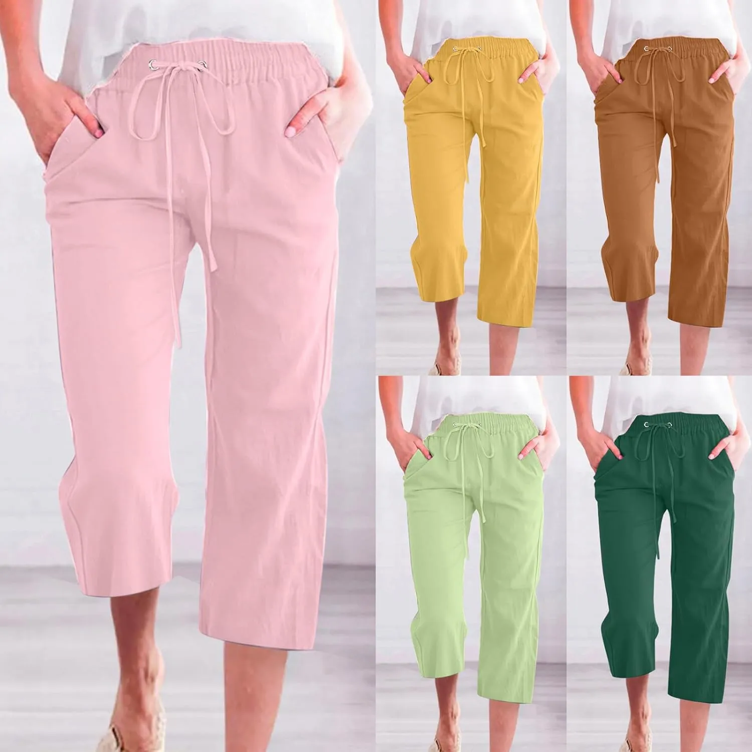 Capri Pants for Women Casual 2025 Summer Linen Pant Drawstring Elastic Waist Pant Straight Wide Leg Cropped Trousers