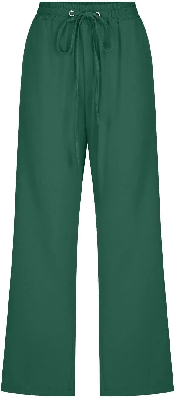 Capri Pants for Women Casual 2025 Summer Linen Pant Drawstring Elastic Waist Pant Straight Wide Leg Cropped Trousers