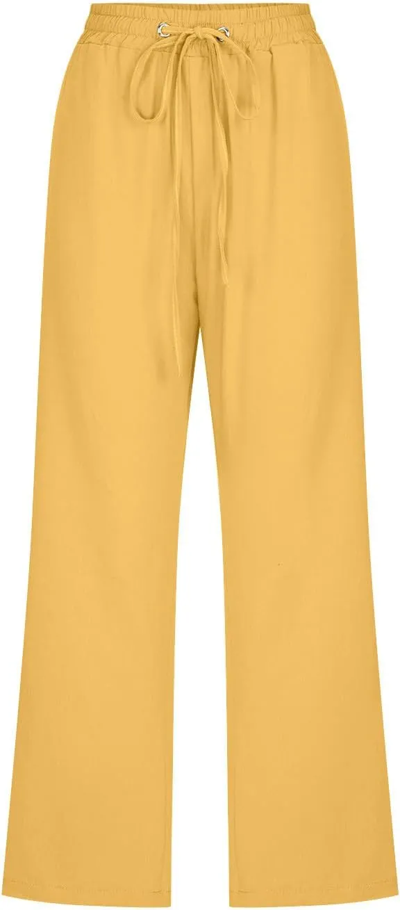 Capri Pants for Women Casual 2025 Summer Linen Pant Drawstring Elastic Waist Pant Straight Wide Leg Cropped Trousers