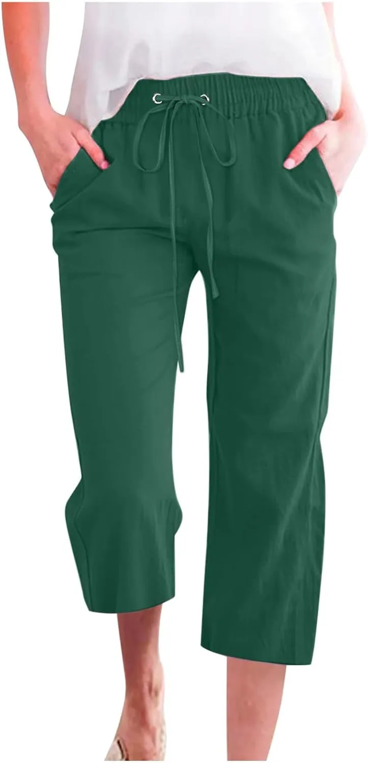 Capri Pants for Women Casual 2025 Summer Linen Pant Drawstring Elastic Waist Pant Straight Wide Leg Cropped Trousers