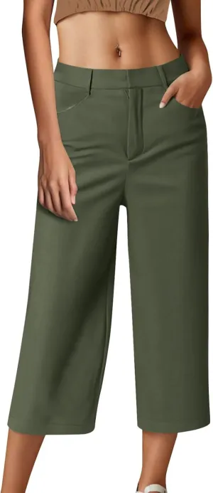 Capri Pants for Women Summer Casual Wide Leg Capris Stretch High Waisted Crop Yoga Dress Pants with Pockets