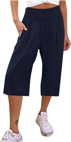 Capris for Women Cotton Linen Casual Summer 2025 Straight Wide Leg Cropped Pants Drawstring Elastic Waist Pants