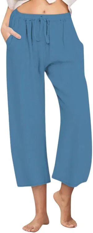 Capris Pants for Women Cotton Linen Casual Summer Straight Wide Leg Pants Drawstring Elastic Waist Cropped Trouser 2025