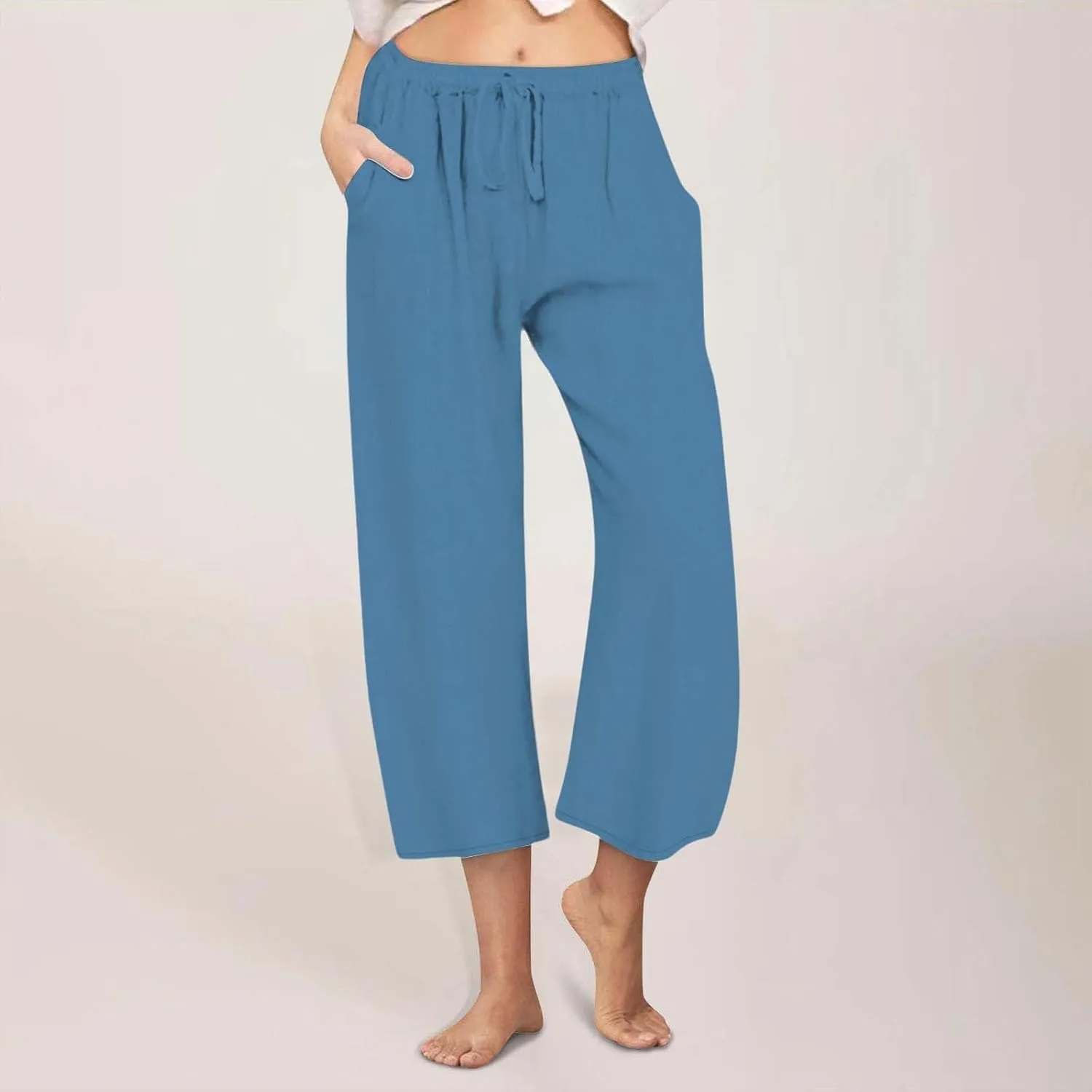 Capris Pants for Women Cotton Linen Casual Summer Straight Wide Leg Pants Drawstring Elastic Waist Cropped Trouser 2025