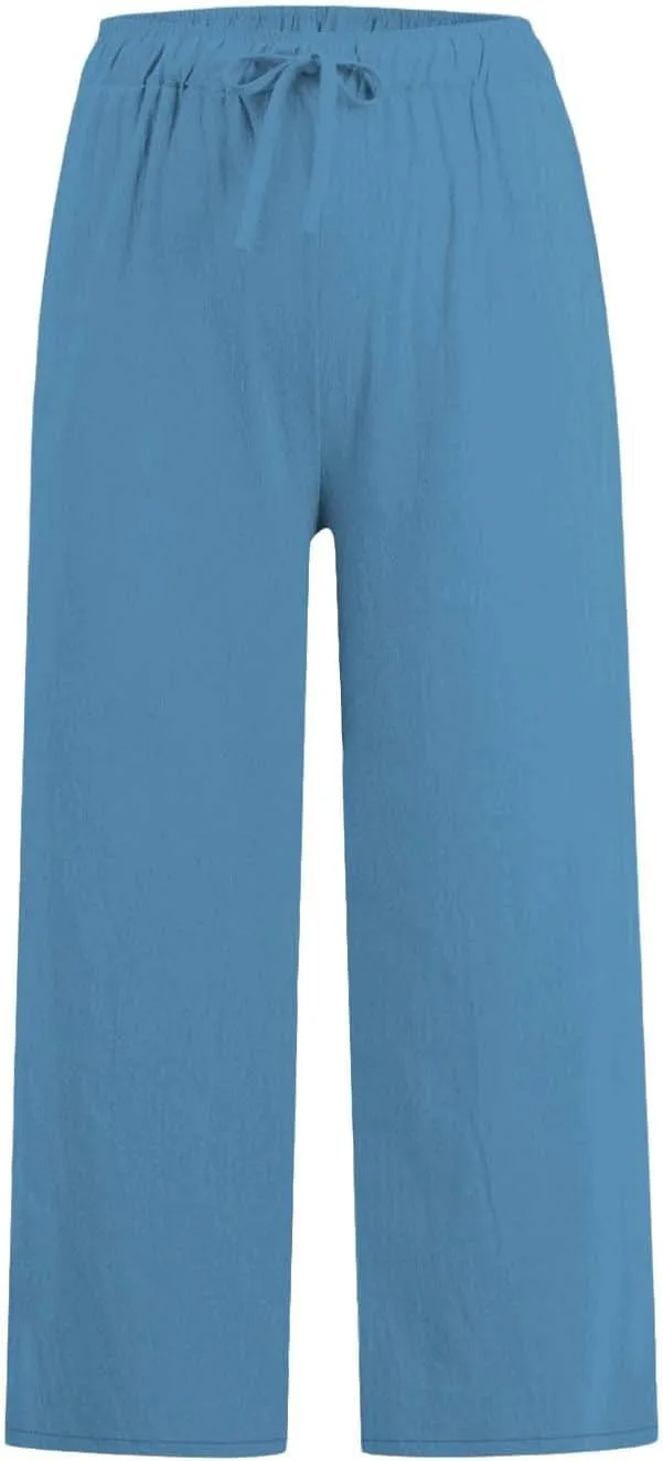 Capris Pants for Women Cotton Linen Casual Summer Straight Wide Leg Pants Drawstring Elastic Waist Cropped Trouser 2025