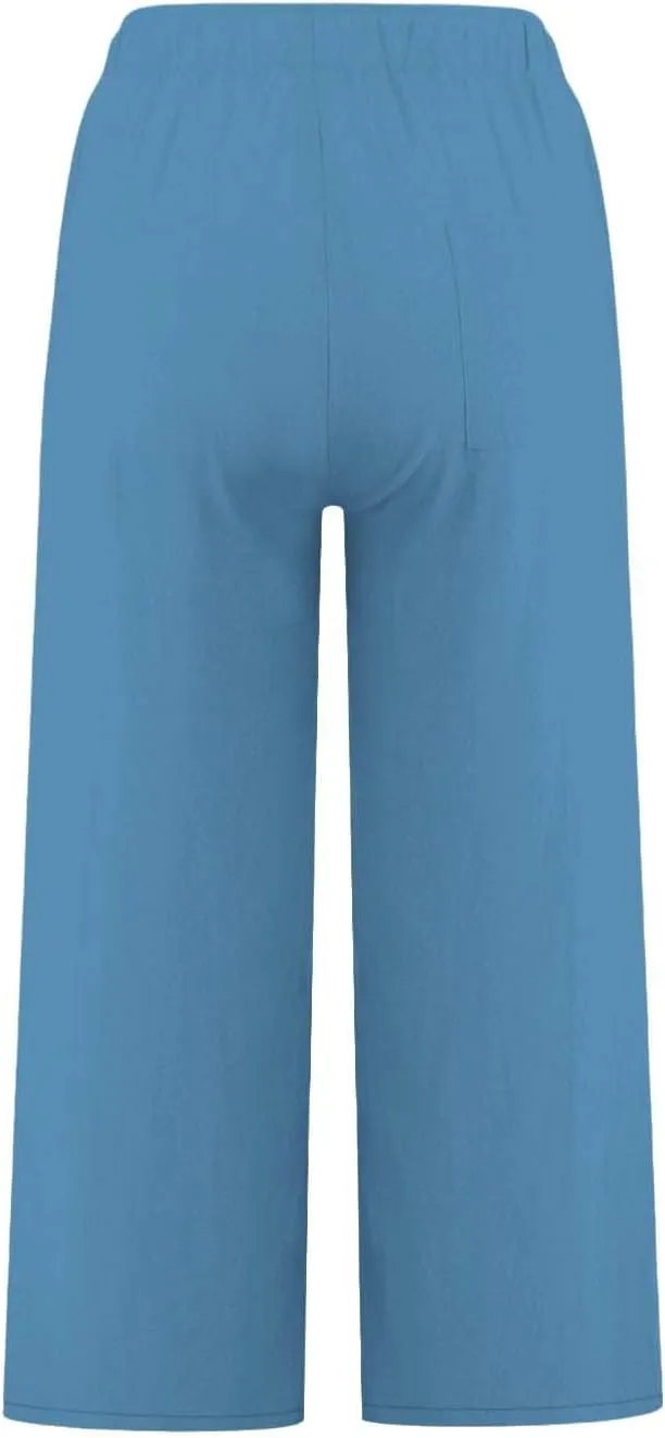 Capris Pants for Women Cotton Linen Casual Summer Straight Wide Leg Pants Drawstring Elastic Waist Cropped Trouser 2025