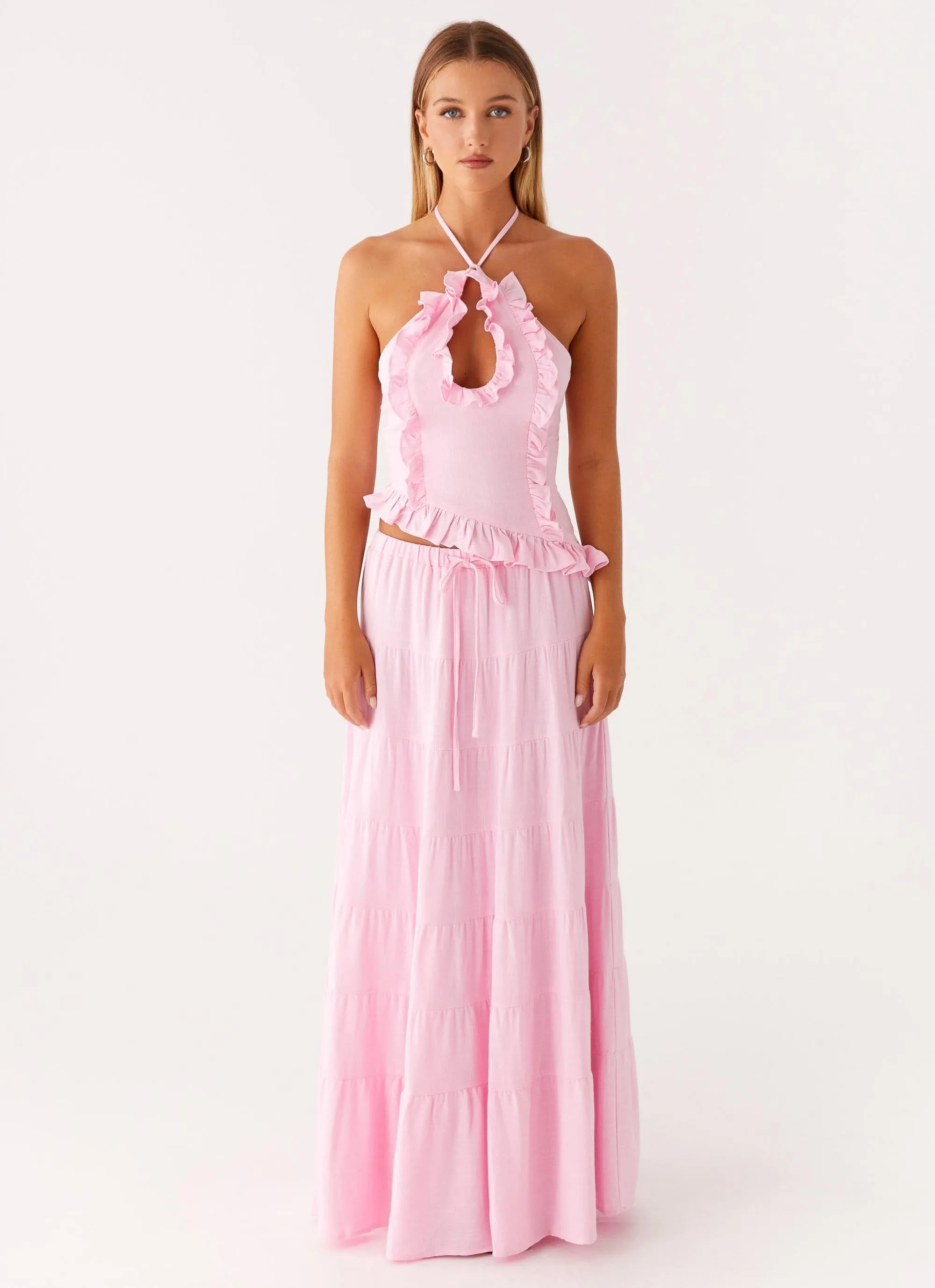 Outfit Moodboard Back Slit Mariella Linen Maxi Skirt - Pink