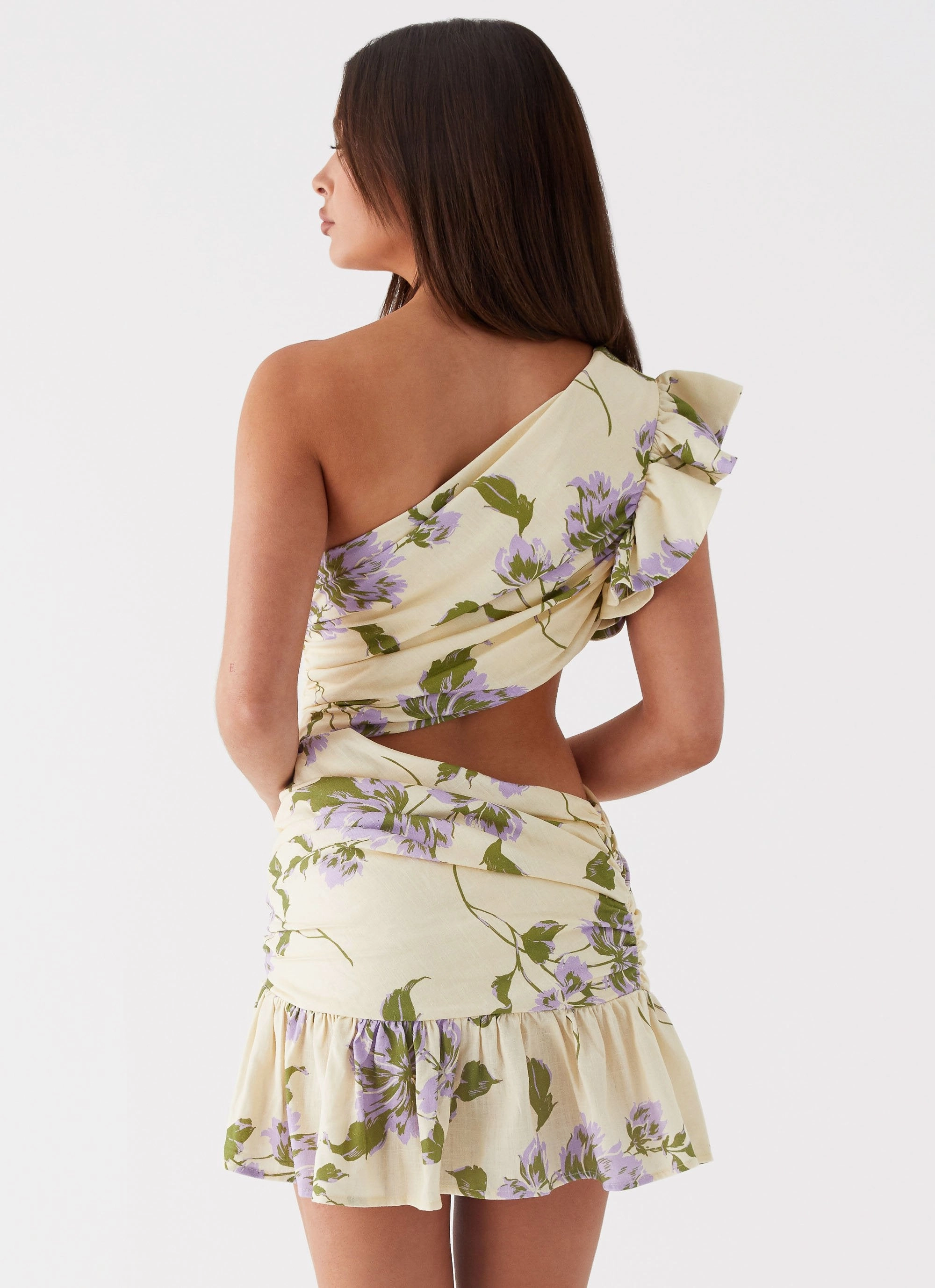 Floral Outro Linen Mini Dress - Yellow Purple Floral Vintage Vibe