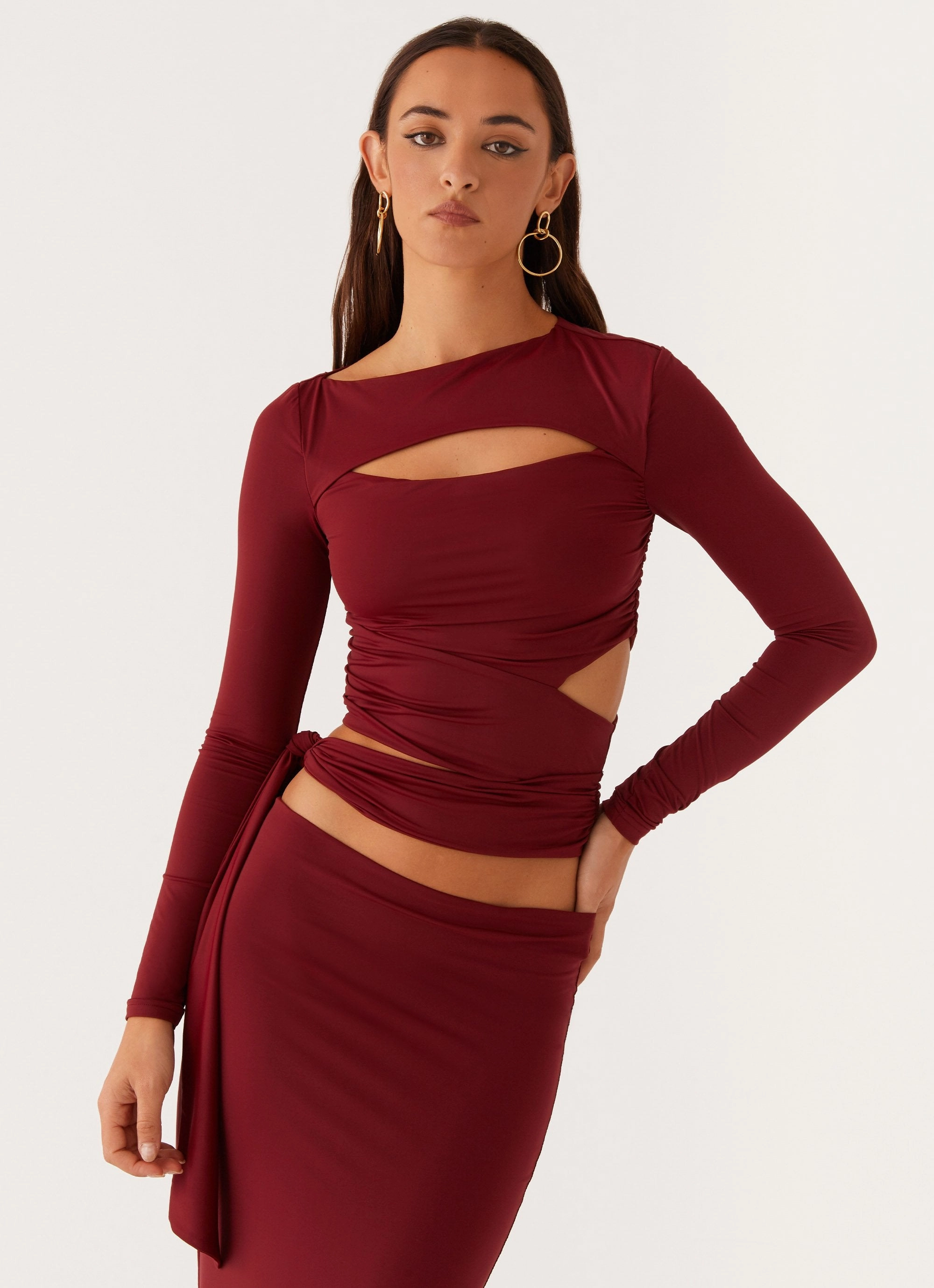 Anti Slip Shoulder Contrast Stitch Capucine Wrap Top - Mulberry