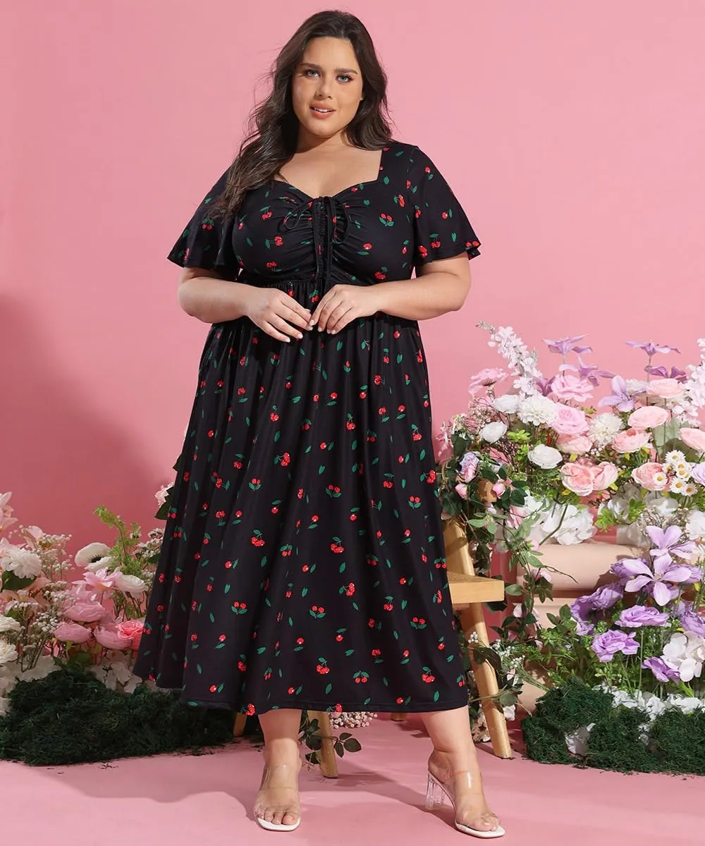 CARCOS Plus Size Dresses for Curvy Women Tie Sweetheart Neck Summer Maxi Dress Short Sleeve Empire Waist Floral Boho Dress