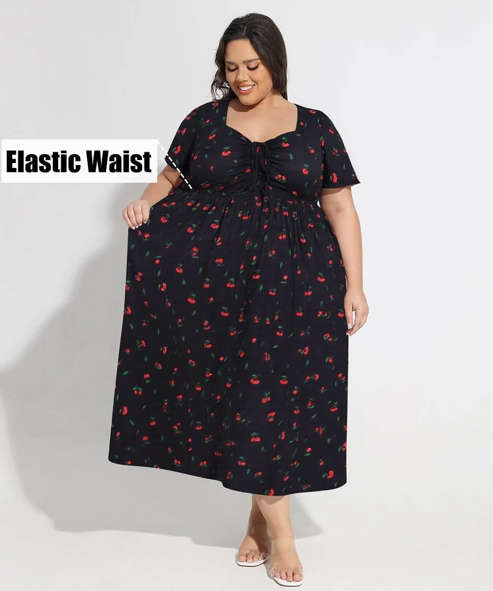 CARCOS Plus Size Dresses for Curvy Women Tie Sweetheart Neck Summer Maxi Dress Short Sleeve Empire Waist Floral Boho Dress