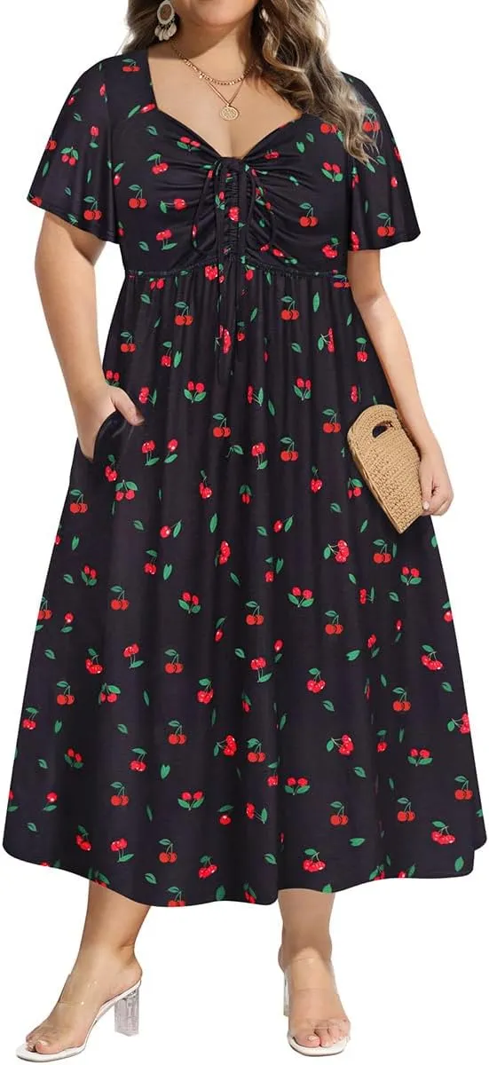CARCOS Plus Size Dresses for Curvy Women Tie Sweetheart Neck Summer Maxi Dress Short Sleeve Empire Waist Floral Boho Dress