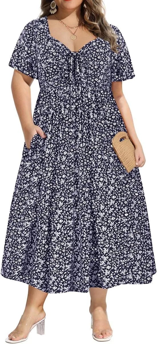 CARCOS Plus Size Dresses for Curvy Women Tie Sweetheart Neck Summer Maxi Dress Short Sleeve Empire Waist Floral Boho Dress