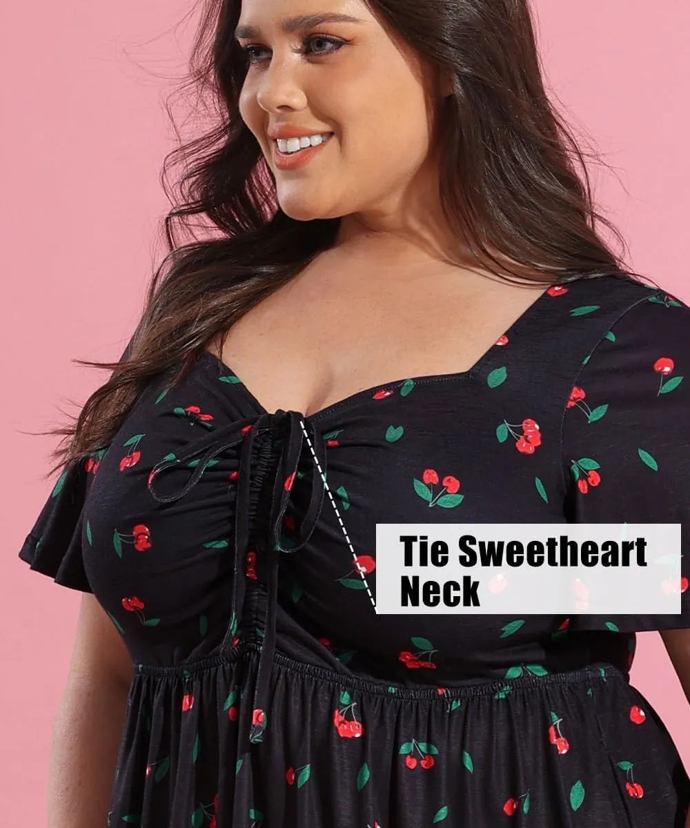 CARCOS Plus Size Dresses for Curvy Women Tie Sweetheart Neck Summer Maxi Dress Short Sleeve Empire Waist Floral Boho Dress