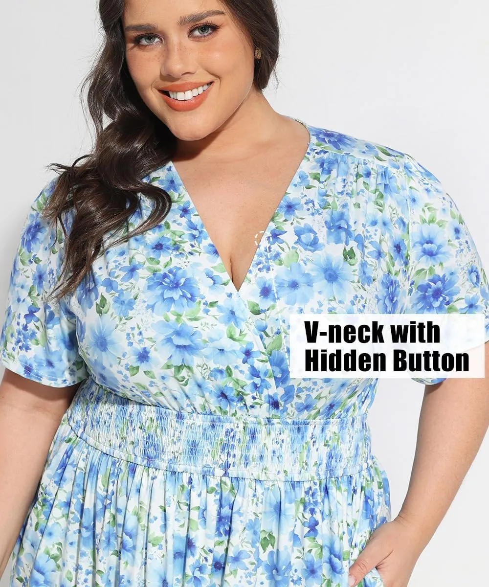 CARCOS Plus Size Dresses for Curvy Women V Neck Summer Maxi Dress Short Sleeve Floral Boho Dress Smocked Waist Beach Dress