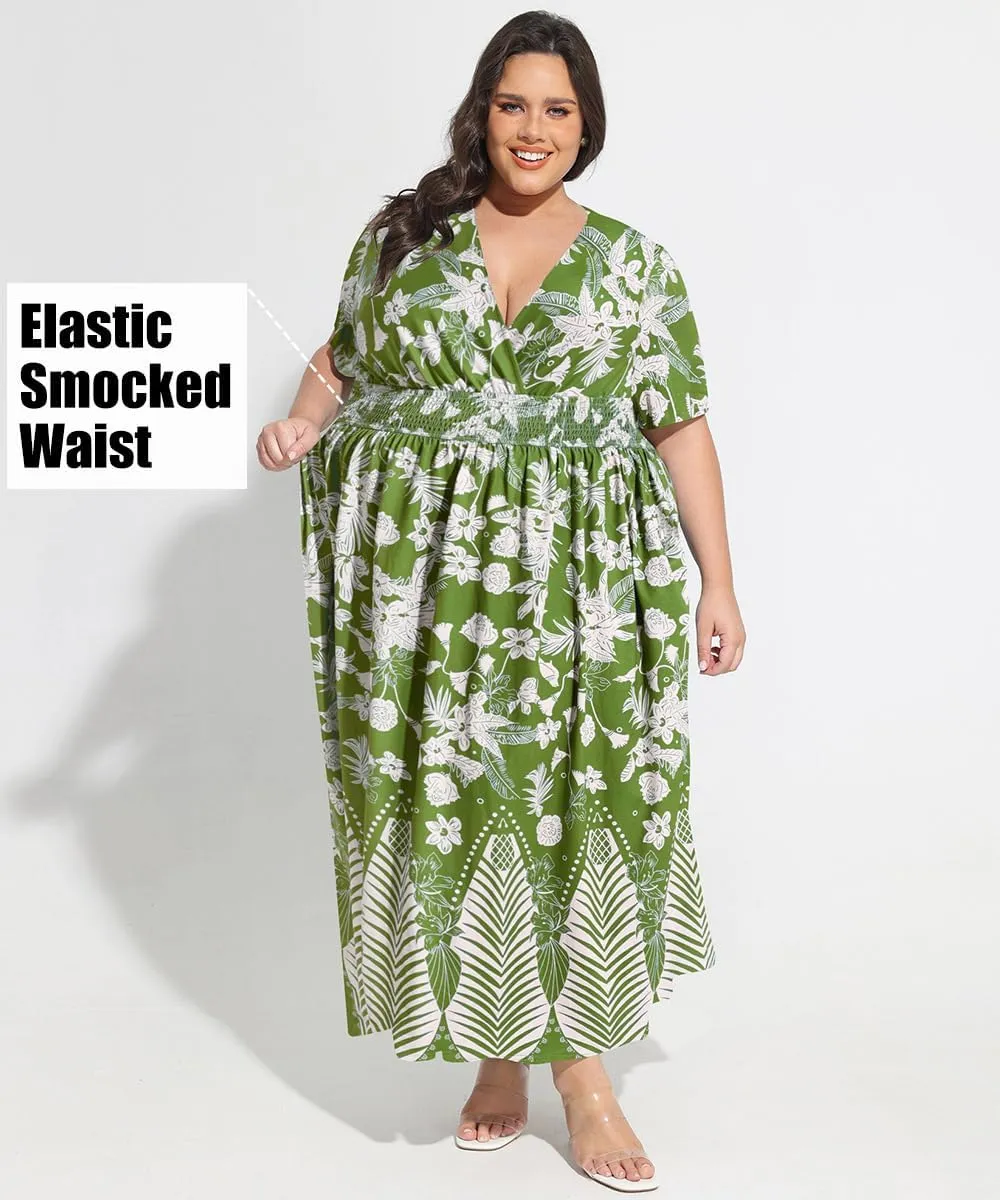 CARCOS Plus Size Dresses for Curvy Women V Neck Summer Maxi Dress Short Sleeve Floral Boho Dress Smocked Waist Beach Dress
