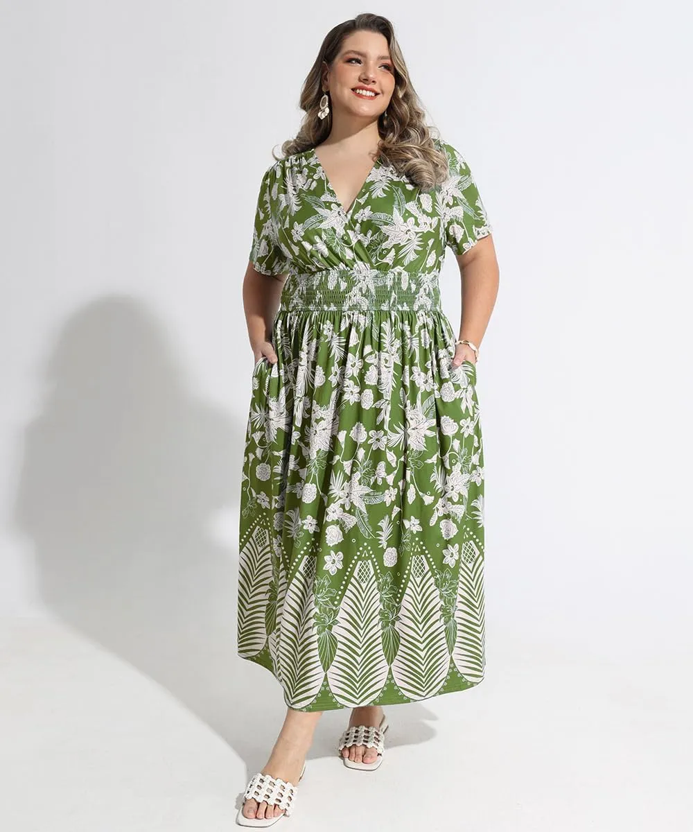 CARCOS Plus Size Dresses for Curvy Women V Neck Summer Maxi Dress Short Sleeve Floral Boho Dress Smocked Waist Beach Dress