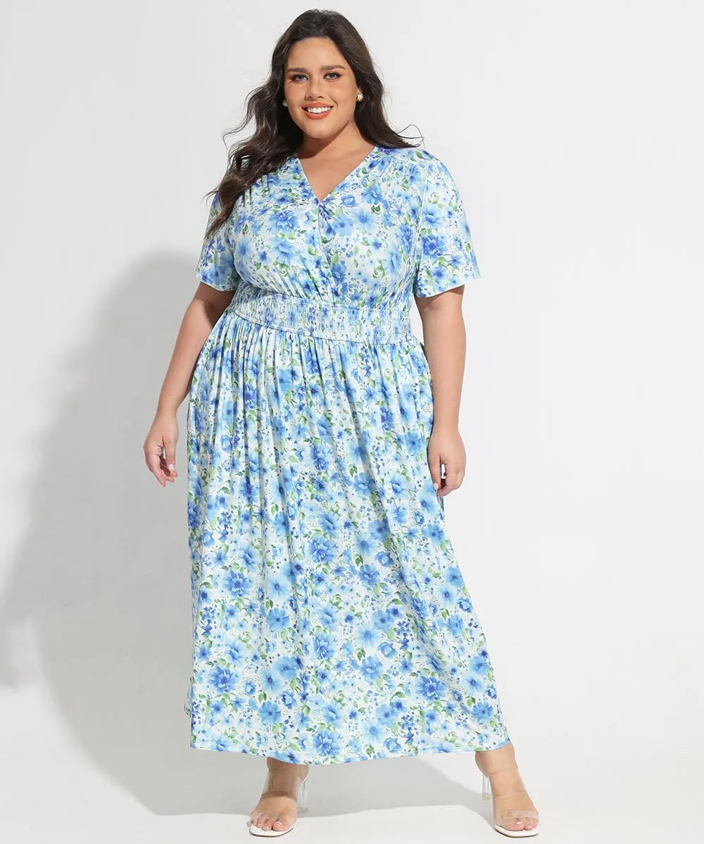 CARCOS Plus Size Dresses for Curvy Women V Neck Summer Maxi Dress Short Sleeve Floral Boho Dress Smocked Waist Beach Dress