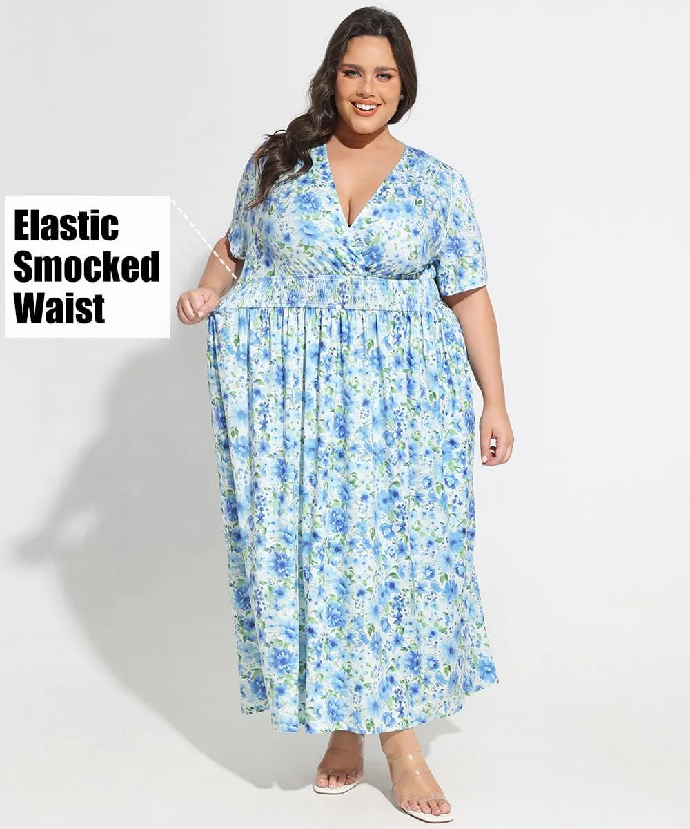 CARCOS Plus Size Dresses for Curvy Women V Neck Summer Maxi Dress Short Sleeve Floral Boho Dress Smocked Waist Beach Dress