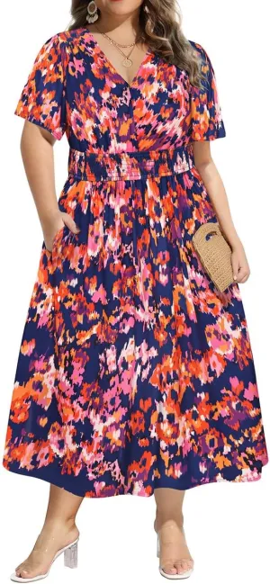 CARCOS Plus Size Dresses for Curvy Women V Neck Summer Maxi Dress Short Sleeve Floral Boho Dress Smocked Waist Beach Dress