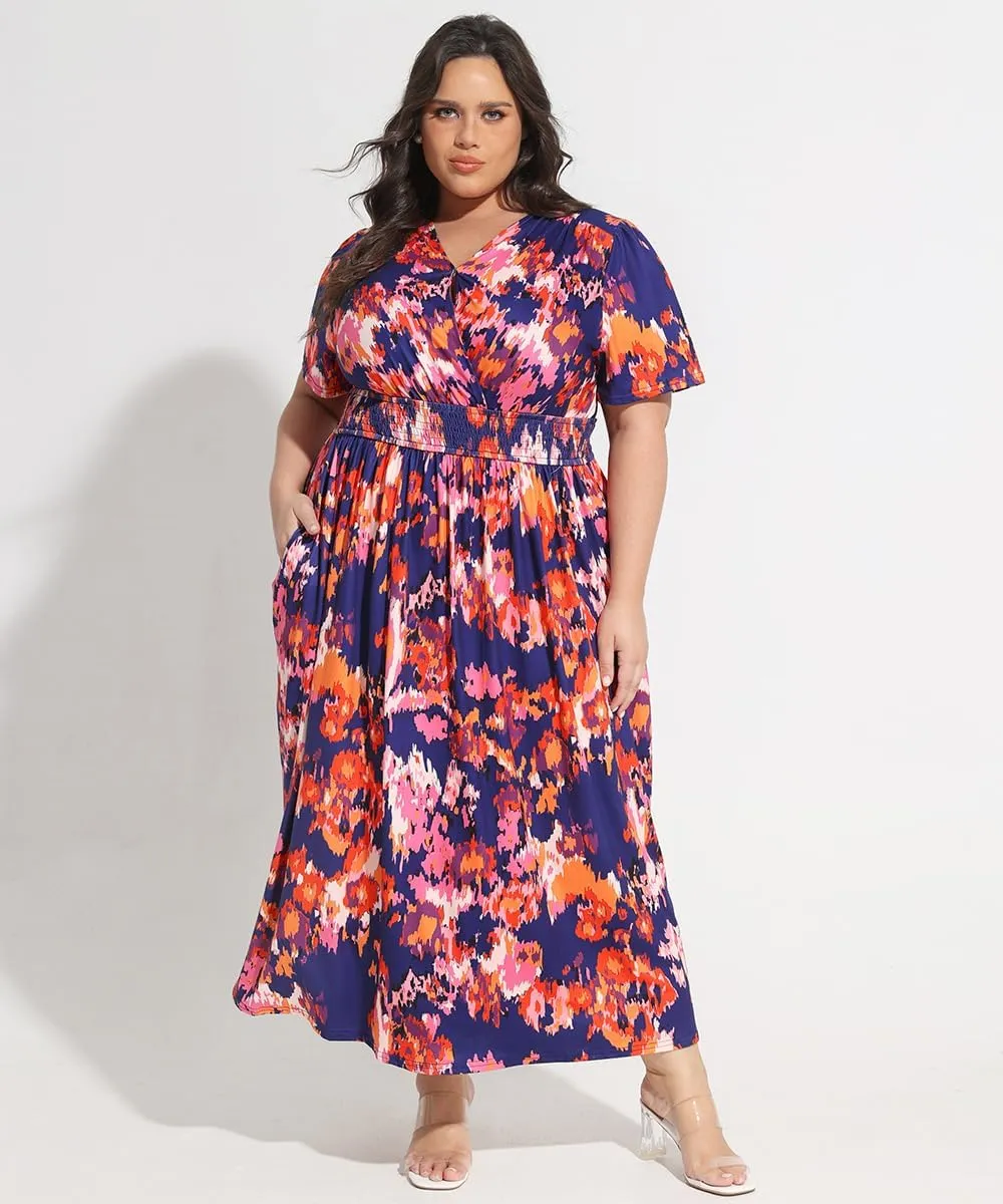 CARCOS Plus Size Dresses for Curvy Women V Neck Summer Maxi Dress Short Sleeve Floral Boho Dress Smocked Waist Beach Dress
