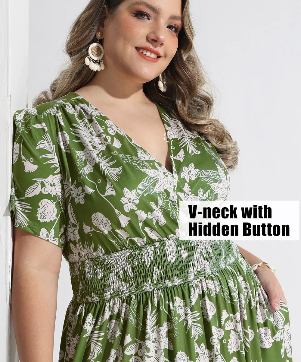 CARCOS Plus Size Dresses for Curvy Women V Neck Summer Maxi Dress Short Sleeve Floral Boho Dress Smocked Waist Beach Dress