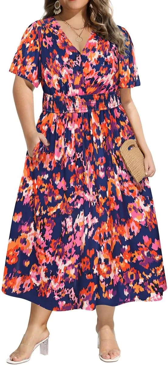 CARCOS Plus Size Dresses for Curvy Women V Neck Summer Maxi Dress Short Sleeve Floral Boho Dress Smocked Waist Beach Dress